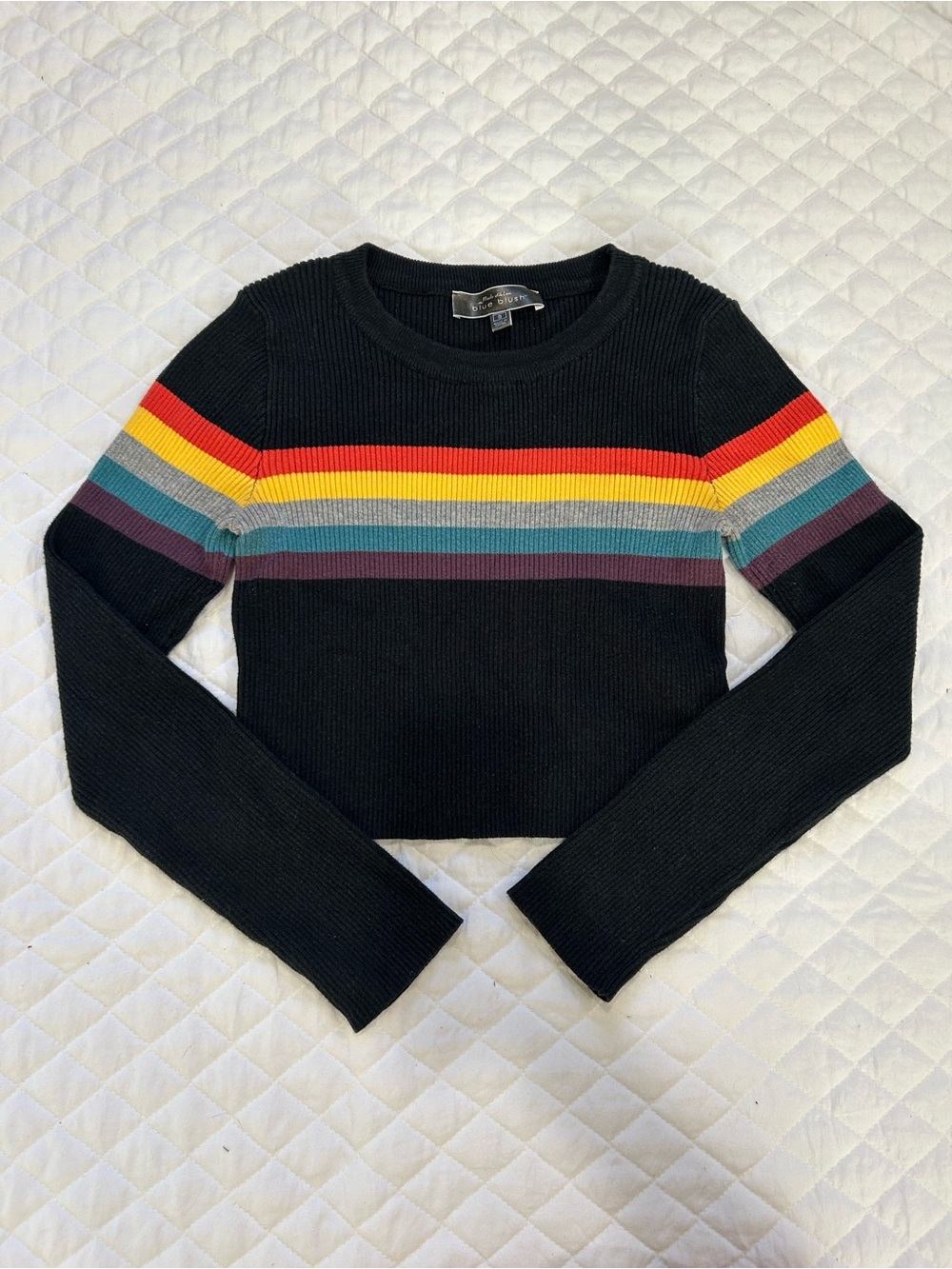Blue Blush Rainbow Striped Cropped Ribbed Knit Sweater Black Size Small Retro Y2